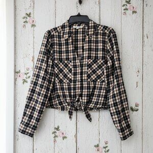 Lily Star* Plaid Crop-Top Multicolor* Long Sleeve* Tie Bow at bottom* Size: M